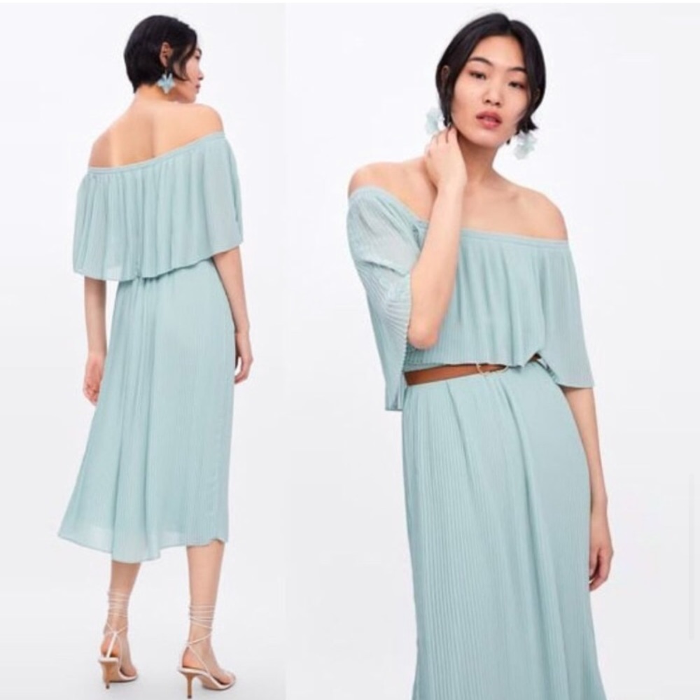 🏷NWT ZARA Sea Green Off Shoulder Pleated Midi Dress With Belt